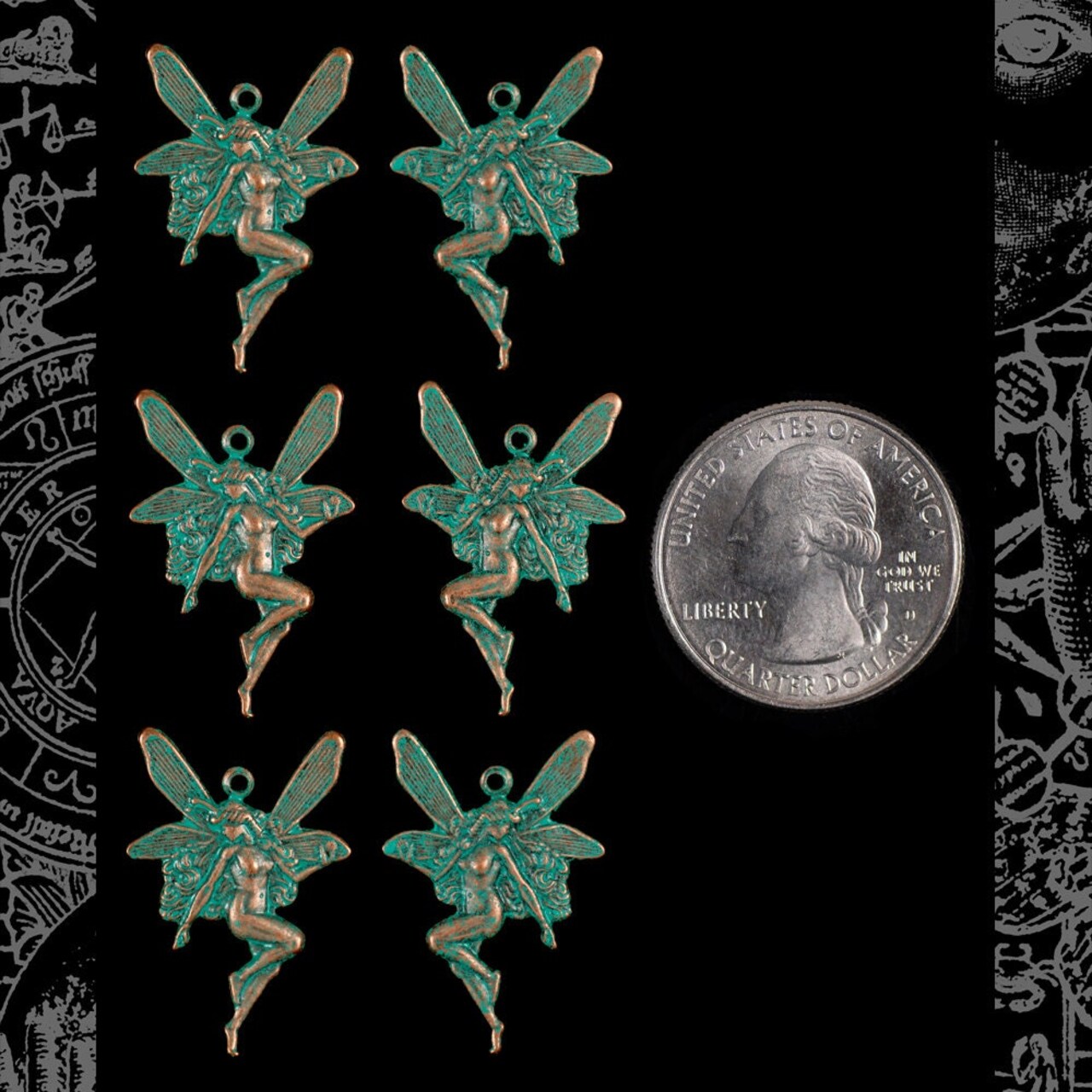 Verdigris Finished Brass Fairy Charms - Three Sets of Two - V-C34